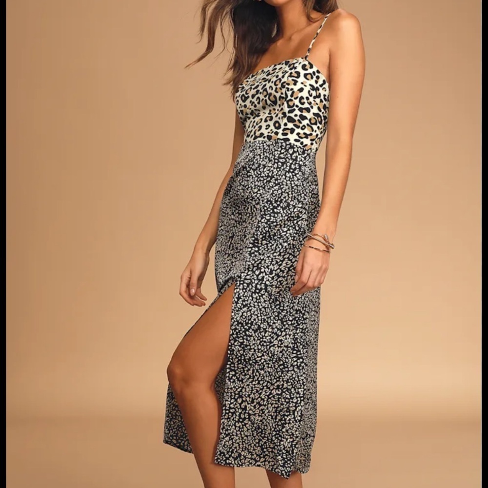 Lulus Being Bold Leopard Print Satin Midi Slip Dress Small